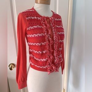 Marc Jacobs Coral Wool Cardigan Embellished with Ruffles Crochet Embroidery S